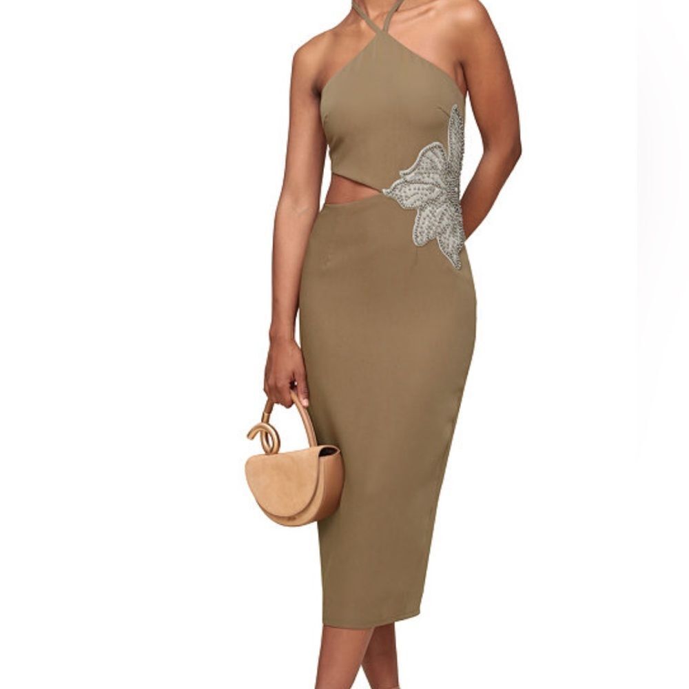 Avec Les Filles One Shoulder Olive Dress with Silver Detail